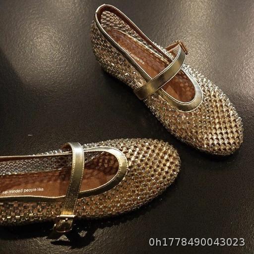  Mary Jane mesh shoes with a height increase of 4cm, ballet shoes, full diamond French style exquisite flat shoes, women's singles shoes
