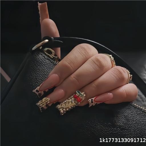  MOQ3, Hot selling square fake nail long style, sparkling and broken diamonds, cute cherry leopard print design, wholesale of wearable nail products