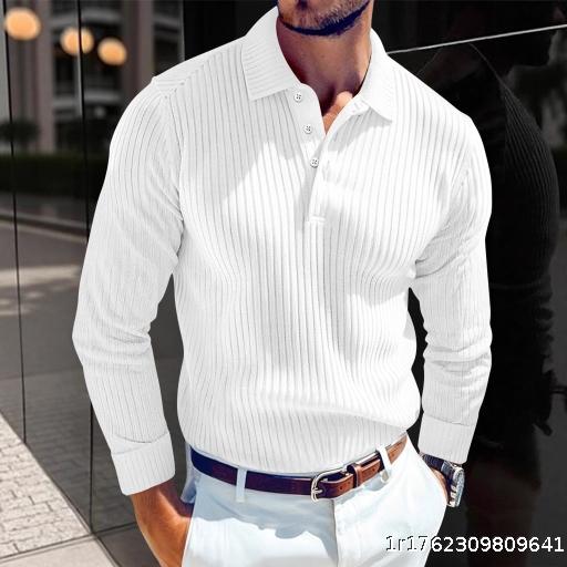 2025 New Men's T-shirt Knitted Collar Business Button Slim Long Sleeve Polo Shirt