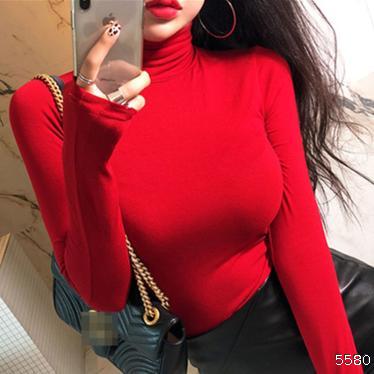 high collarBottomshirt Women's Spring and Autumn Korean Slim Fit T-shirt Devil Red Paired with Long sleeved T-shirt and Velvet Loop Tight Top