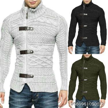  autumn and winter 2022 European and American high collar sweater men's leather button long sleeve knitted cardigan coat large Amazon men's wear