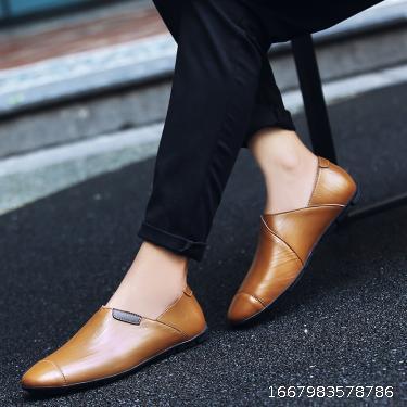 Leather Shoes Men's Korean Version Large Size Youth Lazy Shoes Spring Summer Leather Casual Shoes Hollow Breathable Bean Shoes Sandals Fashion