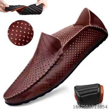 Summer Doudou Shoes Men's fashion hollow hole cool leather shoes Single layer leather soft soled driving casual leather shoes