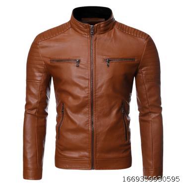 Thin stand collar striped double zipper leather coat motorcycle leather coat