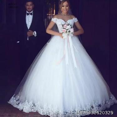White Wedding Dress Lace Decal Prom Off Shoulder Bridal Dress Mid Waist Band Wedding Dress