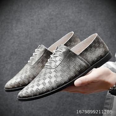 Pointed Toe Pea Shoes Men's Genuine Leather 2023 New Korean Versatile Casual Lace-up Pure Leather Breathable Checked Leather Shoes Trend