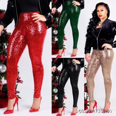 Women Casual Slim Pants Sequin Trousers 2023 Fashion Big Red