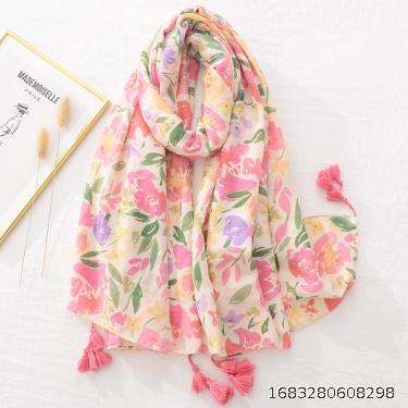 Versatile Fashion Cotton Hemp Feel Scarf Big Scarf Spring/Summer New Soft Satin Cotton Plant Flower Beach Scarf