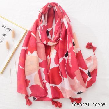 New Red Vintage Ethnic Style Long Shawl Large Scarf Soft Satin Cotton Hemp Hand Feel Printed Scarf