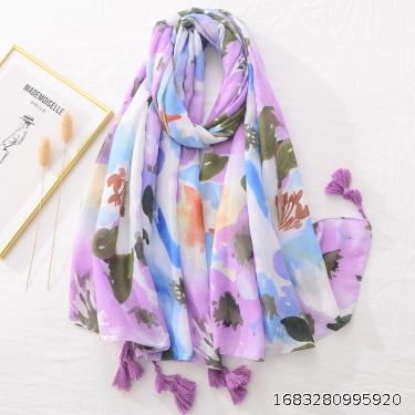 Cotton Hemp Feel Beach Scarf Soft Fresh Bright Color Flower Print Scarf Sunscreen Shawl