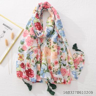 Plant and Flower Series Bright Color Printed Beach Scarf Long Hanging Tassel Soft Cotton and Hemp Scarf