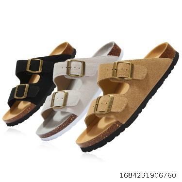 Maibulun Flat Bottom Anti slip Cork Slippers Men and Women's Same Style Beach Outdoor Home One Word Frosted Leather Xia ins Tide