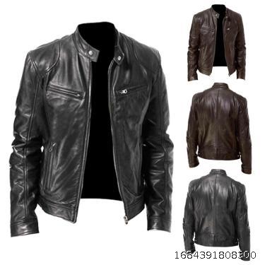 Business zipper cardigan pocket leather jacket with standing collar