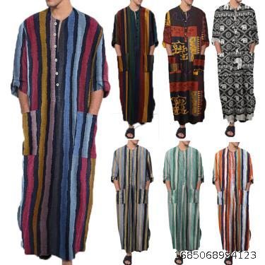 Spring/Summer New Middle Eastern Apparel Long Sleeve One Piece Arabic Men's Stripe Printed Muslim Men's Robe