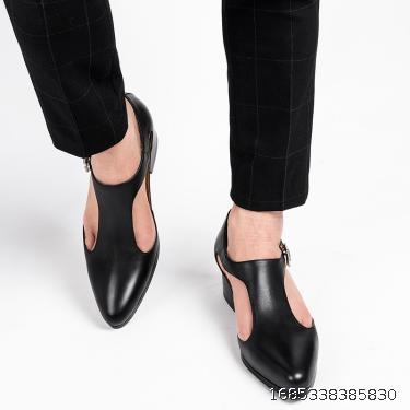 Baotou Roman Sandals Men's Pointed High Heels Hollow Leather Shoes Top Layer Cowhide Korean Breathable Leather Sandals