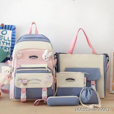 Five piece backpack set for female elementary school students Fashion campus cute small fresh large capacity backpack for junior high school students