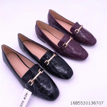 Foreign Trade Large Square Toe Shallow Mouth Lefu Shoes English Small Leather Shoes Flat Heel Stone Pattern Versatile Single Shoes Autumn Muller Shoes