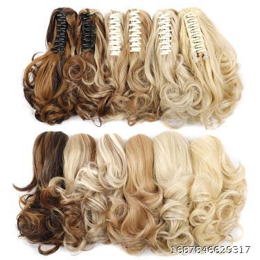 European and American wigs, ponytail women's grab clip, dual color highlight dyed ponytail chemical fiber grab clip, short ponytail curly hair, short ponytail