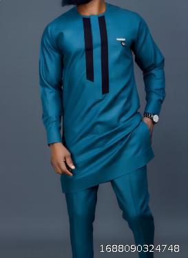 African ethnic style solid color men's round neck suit set of 2 pieces