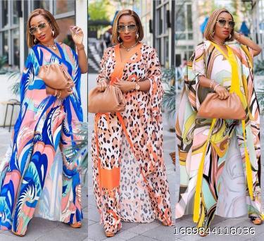Digital Printed Loose Pants African Chiffon Robe Two Piece Set