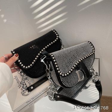 Fashion Thick Chain Brilliant Diamond Saddle Bag Women's Trendy Crowd Handheld Shoulder Bag Underarm Bag