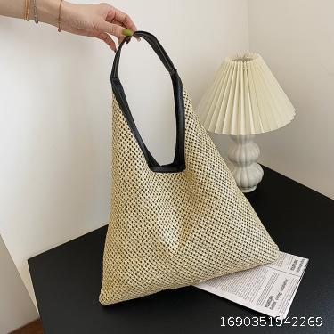 Straw Woven Bag Women's Simple Hollow Out Shoulder Bag Solid Color High Capacity Beach Handbag