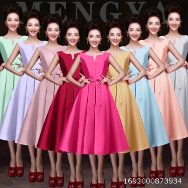 Satin Slim Banquet Evening Dress Sexy Bridesmaid Dress Fairy Charm Mid length