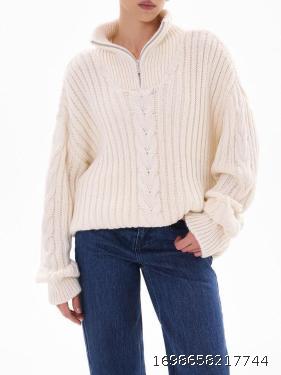 Autumn and winter zipper half high collar Fried Dough Twists stripe loose long sleeve knitting pullover sweater women