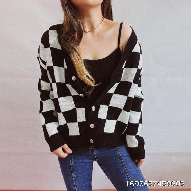 Casual Loose Checkerboard Contrast Color Single breasted Long Sleeve Sweater Cardigan Female