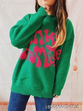 Casual Loose Letter Jacquard Round Neck Long Sleeve Knitted Pullover Autumn/Winter Top Sweater