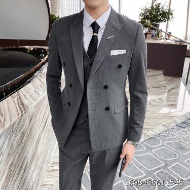 Fashion Double breasted Solid Color Suit Men's Set Slim Fit Suit Three Piece Set