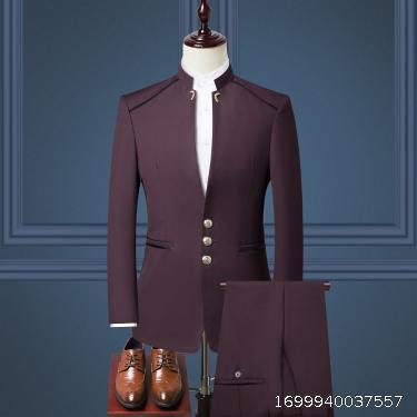 Three piece performance suit, Chinese standing collar slim fitting Western clothing