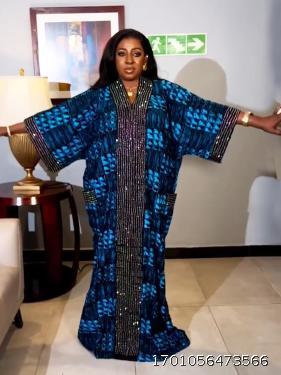 Women's printed loose robe, hot pressed diamond pocket dress