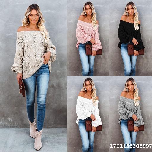 European and American Off Shoulder Large Size Loose Knitted Shirt One line Neck Solid Color Pullover Sweater for Women