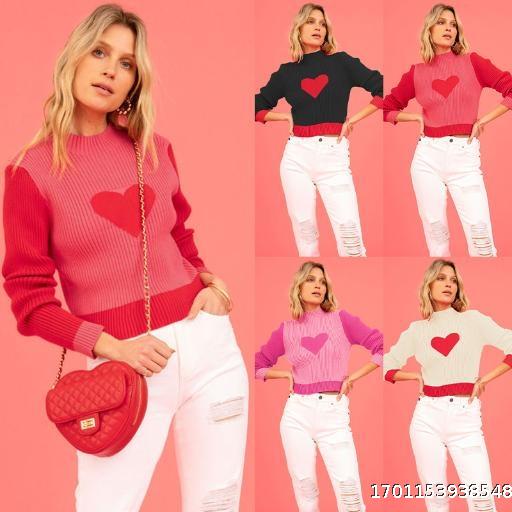 New Valentine's Day Love High Neck Knitted Sweater with Pullover and Bottom Sweater