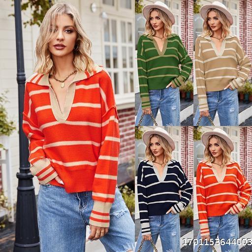 Women's new fashionable patchwork striped sweater with loose collar and oversized knit sweater for women