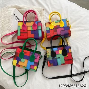 Splicing small square bag, Western style crossbody bag, contrasting color single shoulder bag, casual crossbody bag