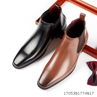 Autumn/Winter Chelsea Boots Men's Genuine Leather Short Boots Business Dress Small Square Head High Top Leather Boots Double Elastic