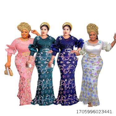 Round neck, medium sleeved, slim fit, fishtail long dress, evening dress, sequin fashion women's clothing