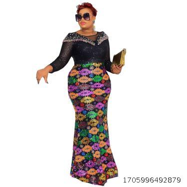 Fashionable long sleeved sequin evening dress, women's slim fit fishtail long skirt