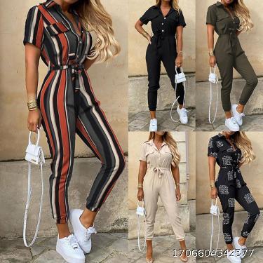 Casual lapel printed waistband workwear jumpsuit