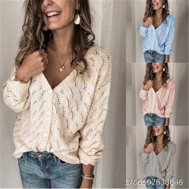 Fashion crochet hollow V-neck long sleeved single breasted cashmere knitted cardigan