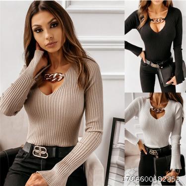 Chain Decoration Sexy Long sleeved Bottom Shirt
