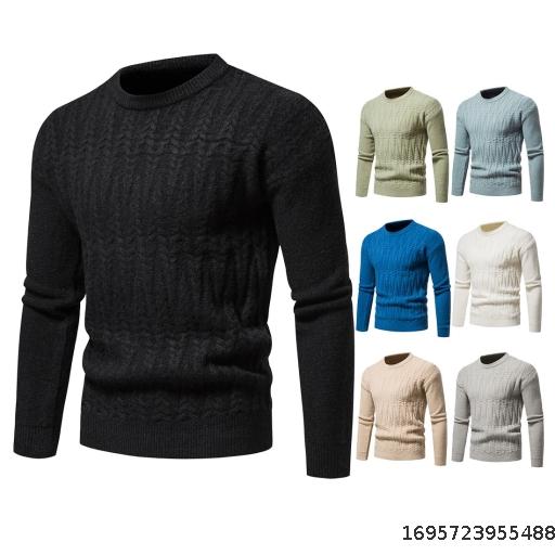 New men's solid color knitted shirt Cross border men's casual slim fitting round neck pullover sweater