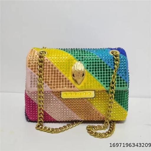 Artificial hot diamond multi color stitching contrast color crossbody bag, handbag, diamond design, high-end
