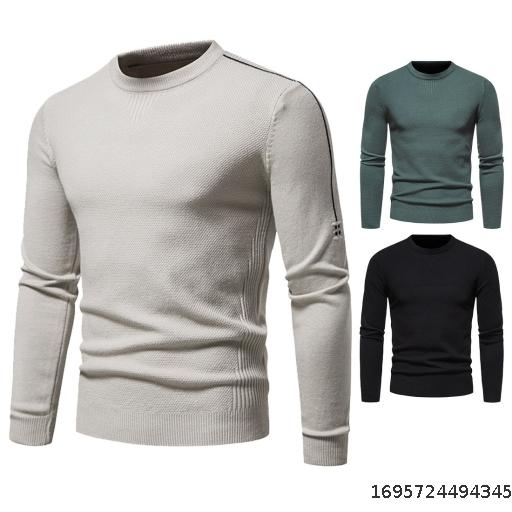 New men's solid color knitted shirt Cross border men's casual slim fitting round neck pullover sweater