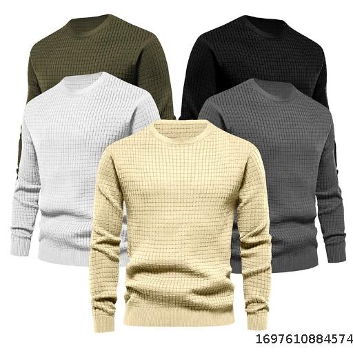 Men's Spring and Autumn Season Men's Knitwear Thin Small Checkered Loose Round Neck Casual Long Sleeve Top for Men