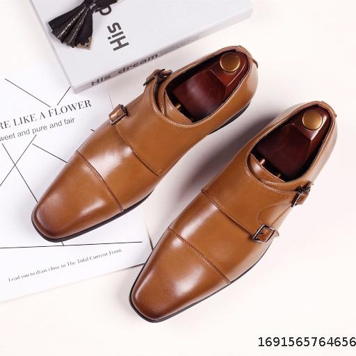 Business leather shoes, men's square toe formal shoes, casual shoes, three joint Mengke buckle leather shoes, men