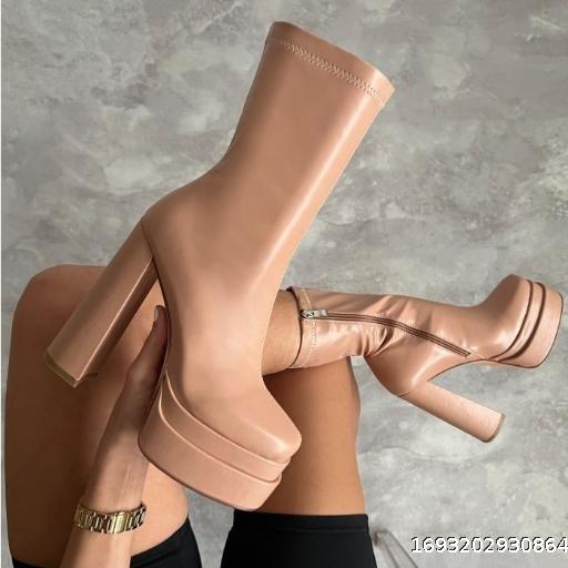 2022 New Women's Shoes Square Toe Thick Heel Water Platform Four Seasons Short Boots and Boots Large 35-43