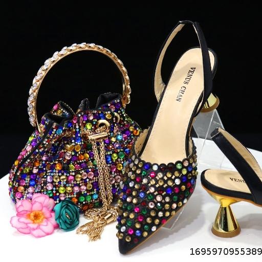 2023 Colorful Stone Bucket Handbag with Pointed Women's Single Shoes and Middle Heels